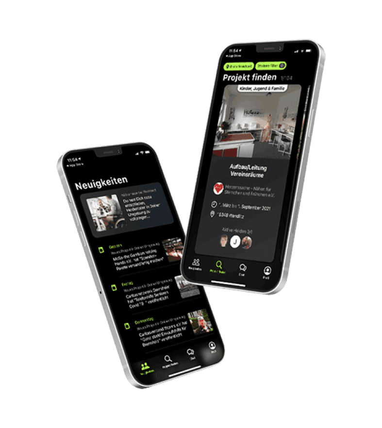 Zwei Smartphones mit FlexHero App, auf denen Projekte im Ehrenamt dargestellt werden
